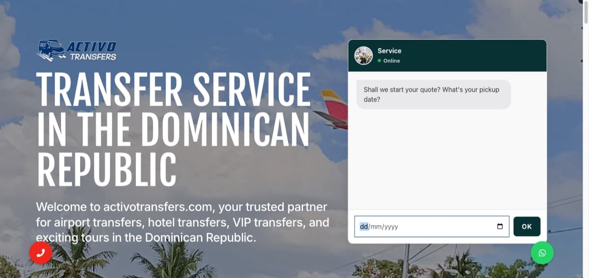 The Activo Transfers homepage: a headline reading 'Transfer service in the Dominican Republic' over a photograph of a plane, beside a chat-style panel asking for a pickup date to start a quote.
