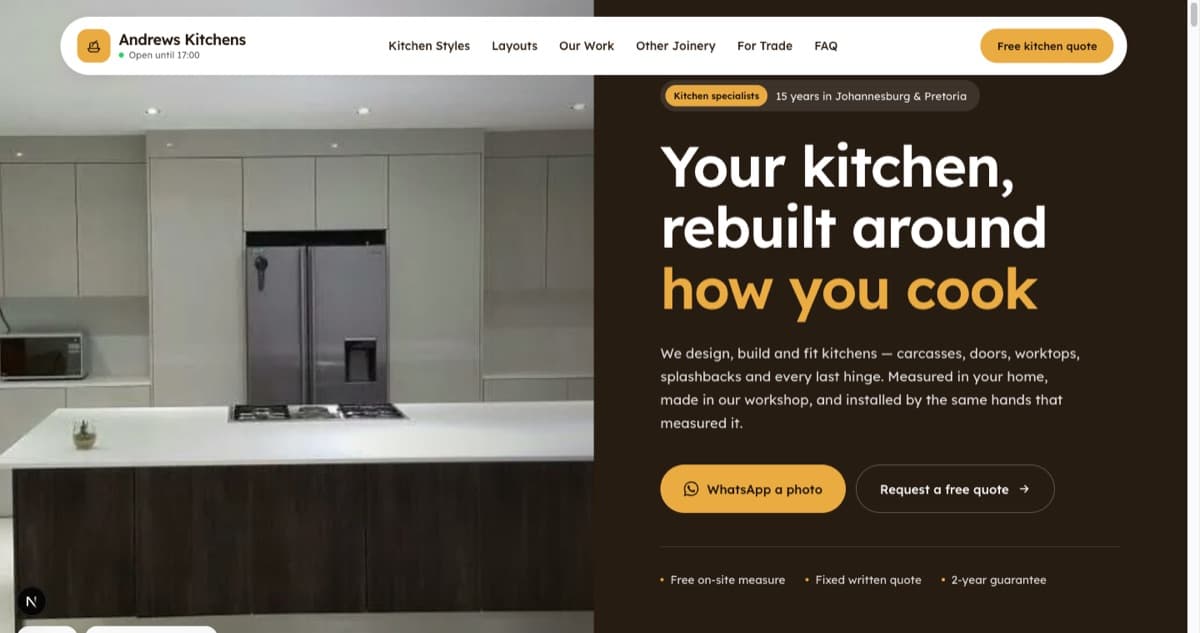 The Andrews Kitchens homepage: a photograph of a fitted kitchen beside a dark panel reading 'Your kitchen, rebuilt around how you cook', with buttons to send a photo on WhatsApp or request a free quote.